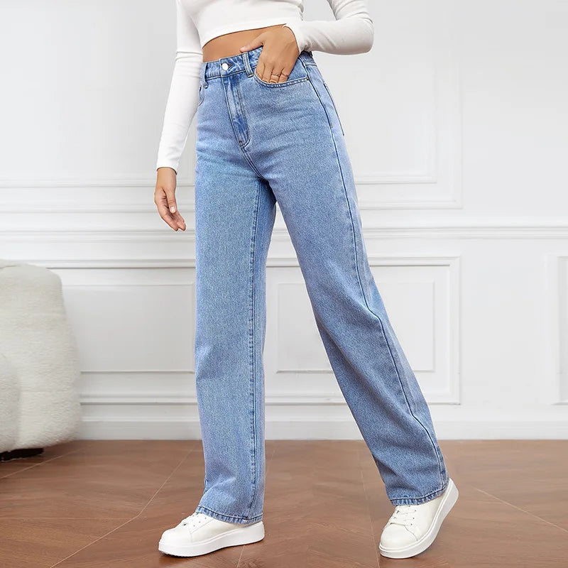 Calça Jeans de Cintura Alta Feminina Jeans 2023 Outono e Inverno Nova Calça Casual Sólida Versátil Bolso de Botão Calça Reta Feminina