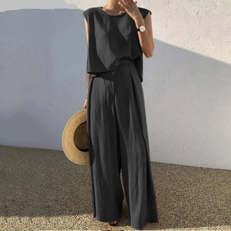 Conjunto de duas peças de algodão e linho, cor sólida, primavera/verão 2024, moda feminina, tops sem mangas, calças largas e soltas, para mulheres