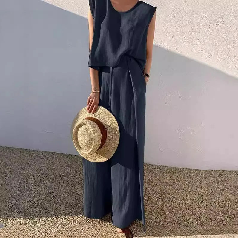 Conjunto de duas peças de algodão e linho, cor sólida, primavera/verão 2024, moda feminina, tops sem mangas, calças largas e soltas, para mulheres