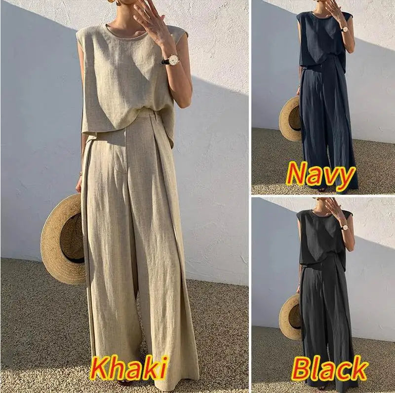 Conjunto de duas peças de algodão e linho, cor sólida, primavera/verão 2024, moda feminina, tops sem mangas, calças largas e soltas, para mulheres