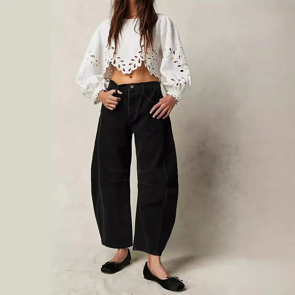 Calça jeans feminina larga, calça jeans solta, cor sólida, cintura alta, comprimento até o tornozelo