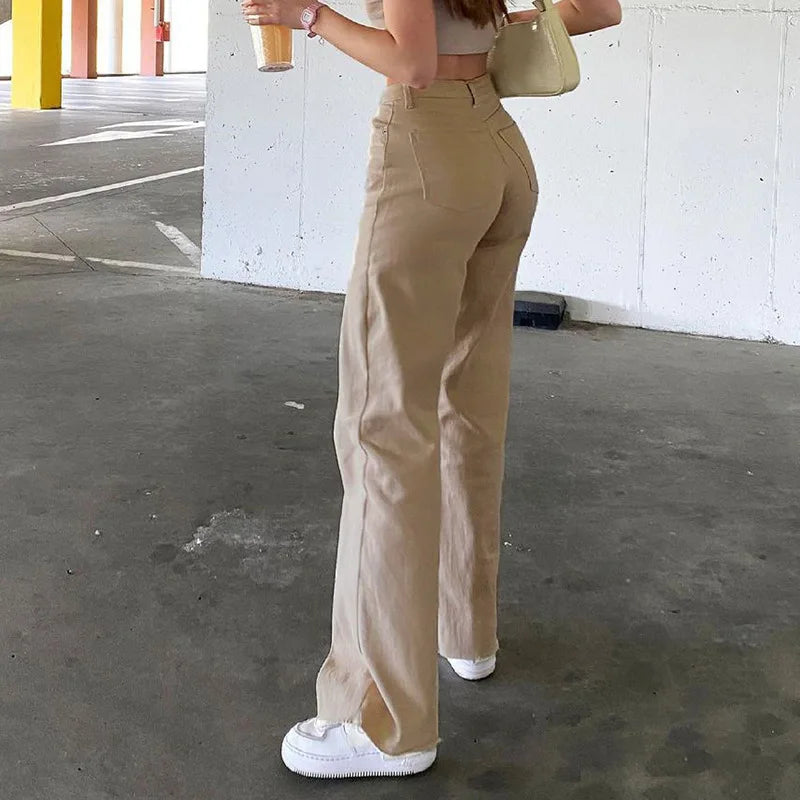 Calça jeans feminina reta, zíper sólido, cintura alta, comprimento até o tornozelo, bolsos soltos, leve tendência da primavera de 2024, moda urbana