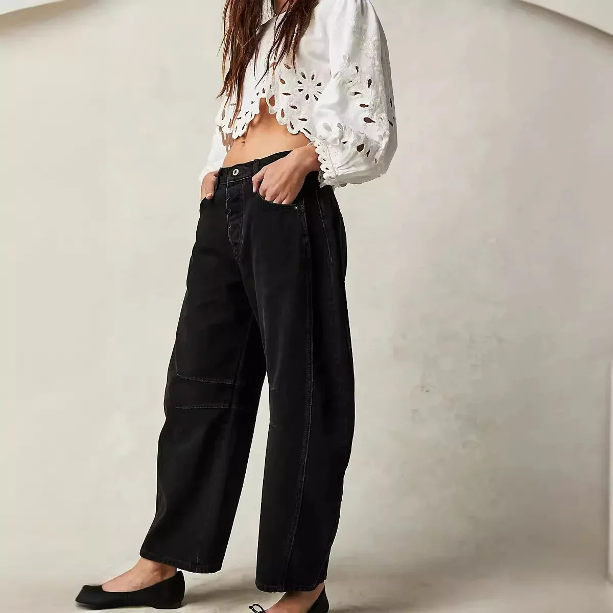 Calça jeans feminina larga, calça jeans solta, cor sólida, cintura alta, comprimento até o tornozelo