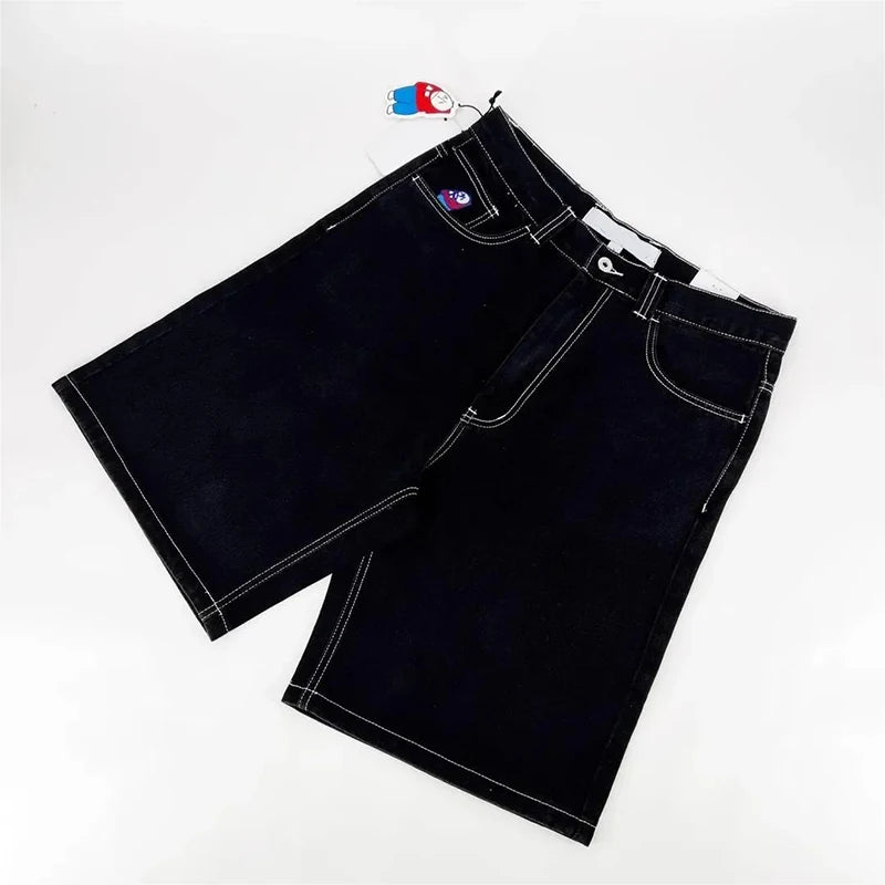 Shorts jeans retrô Y2K femininos com bordados de desenho animado na altura do joelho, jeans largos, calças curtas masculinas, SJ ou torrada