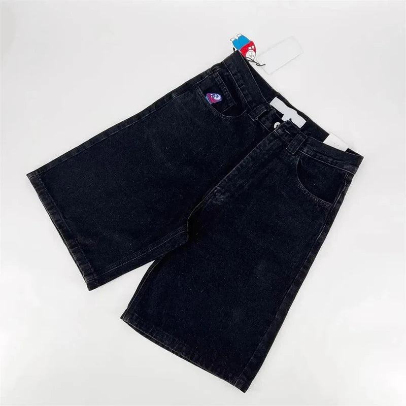 Shorts jeans retrô Y2K femininos com bordados de desenho animado na altura do joelho, jeans largos, calças curtas masculinas, SJ ou torrada