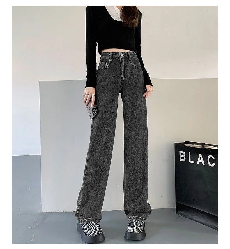 Calça jeans feminina de cintura alta e cintura alta, nova moda primavera e verão, casual, solta, fina, perna larga