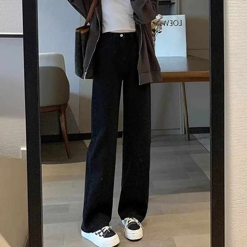 Calça jeans feminina de cintura alta e cintura alta, nova moda primavera e verão, casual, solta, fina, perna larga