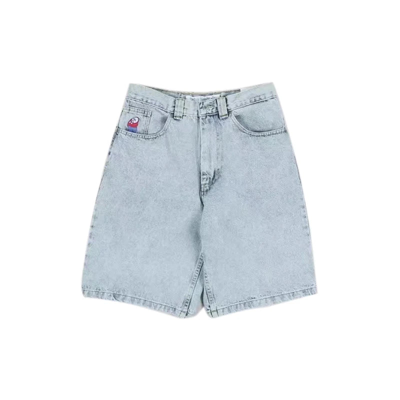 Shorts jeans retrô Y2K femininos com bordados de desenho animado na altura do joelho, jeans largos, calças curtas masculinas, SJ ou torrada