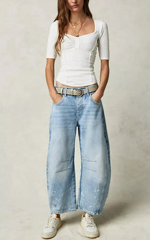 Calça jeans feminina larga, calça jeans solta, cor sólida, cintura alta, comprimento até o tornozelo