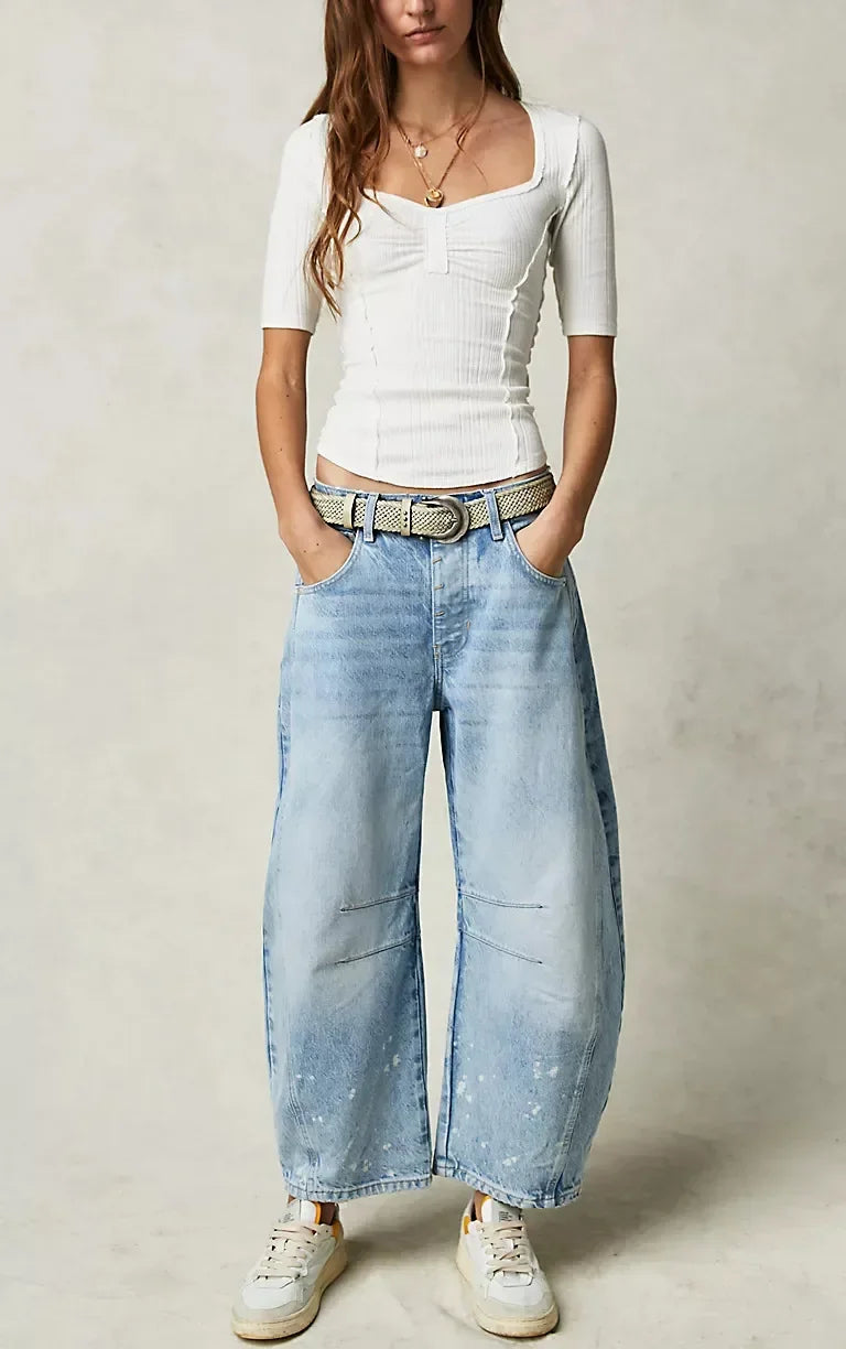 Calça jeans feminina larga, calça jeans solta, cor sólida, cintura alta, comprimento até o tornozelo