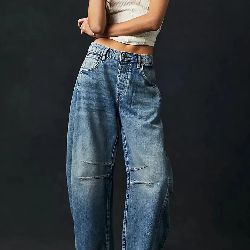 Calça jeans feminina larga, calça jeans solta, cor sólida, cintura alta, comprimento até o tornozelo