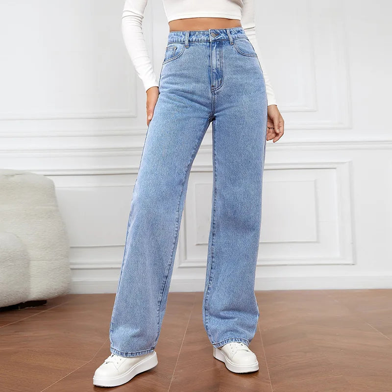 Calça Jeans de Cintura Alta Feminina Jeans 2023 Outono e Inverno Nova Calça Casual Sólida Versátil Bolso de Botão Calça Reta Feminina