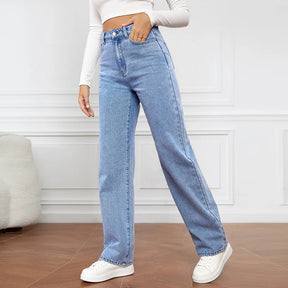 Calça Jeans de Cintura Alta Feminina Jeans 2023 Outono e Inverno Nova Calça Casual Sólida Versátil Bolso de Botão Calça Reta Feminina