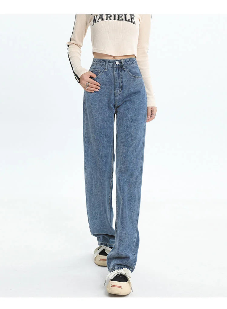 Calça jeans feminina de cintura alta e cintura alta, nova moda primavera e verão, casual, solta, fina, perna larga