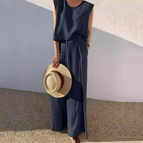 Conjunto de duas peças de algodão e linho, cor sólida, primavera/verão 2024, moda feminina, tops sem mangas, calças largas e soltas, para mulheres