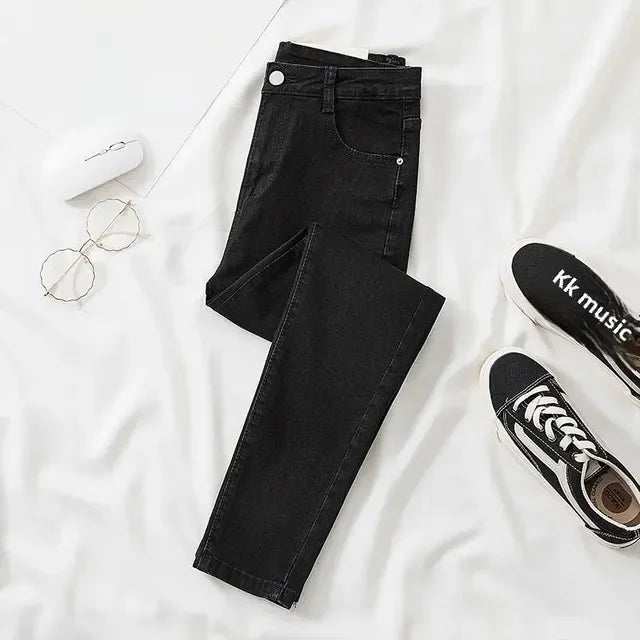 Calça jeans feminina cinza preta, justa, cropped, chique, versátil, para estudantes, calça comprida