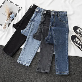 Calça jeans feminina cinza preta, justa, cropped, chique, versátil, para estudantes, calça comprida