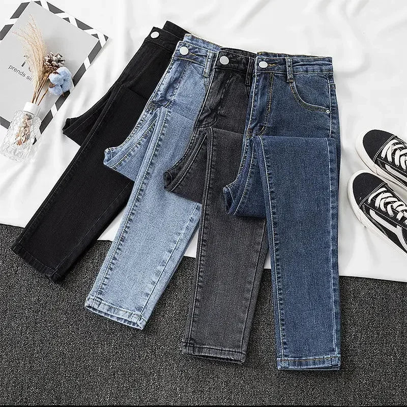Calça jeans feminina cinza preta, justa, cropped, chique, versátil, para estudantes, calça comprida