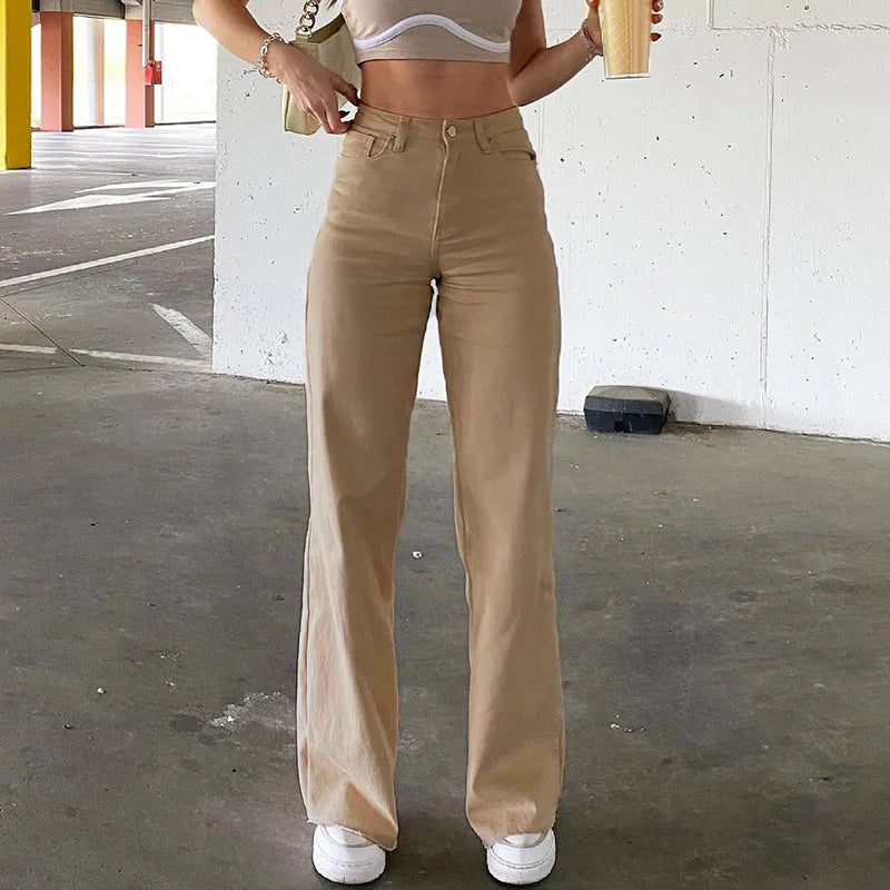 Calça jeans feminina reta, zíper sólido, cintura alta, comprimento até o tornozelo, bolsos soltos, leve tendência da primavera de 2024, moda urbana