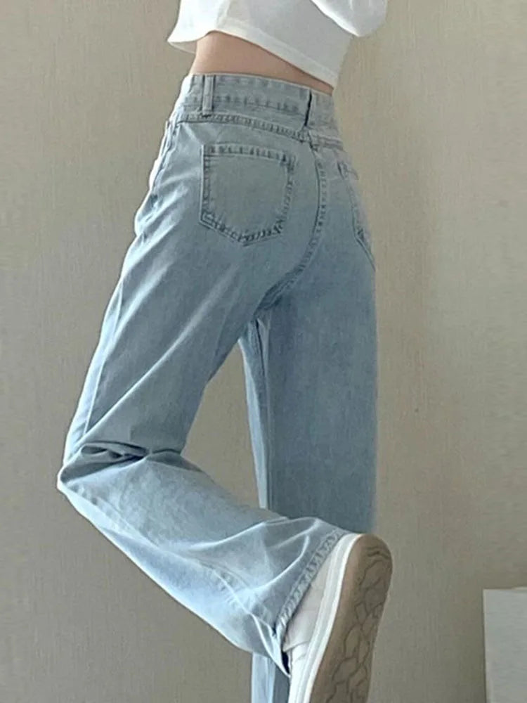 Calça jeans feminina de cintura alta e cintura alta, nova moda primavera e verão, casual, solta, fina, perna larga
