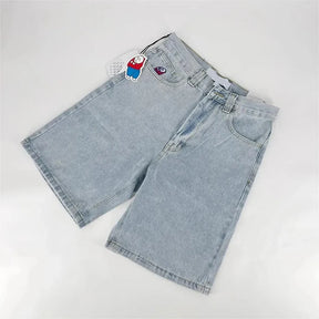 Shorts jeans retrô Y2K femininos com bordados de desenho animado na altura do joelho, jeans largos, calças curtas masculinas, SJ ou torrada