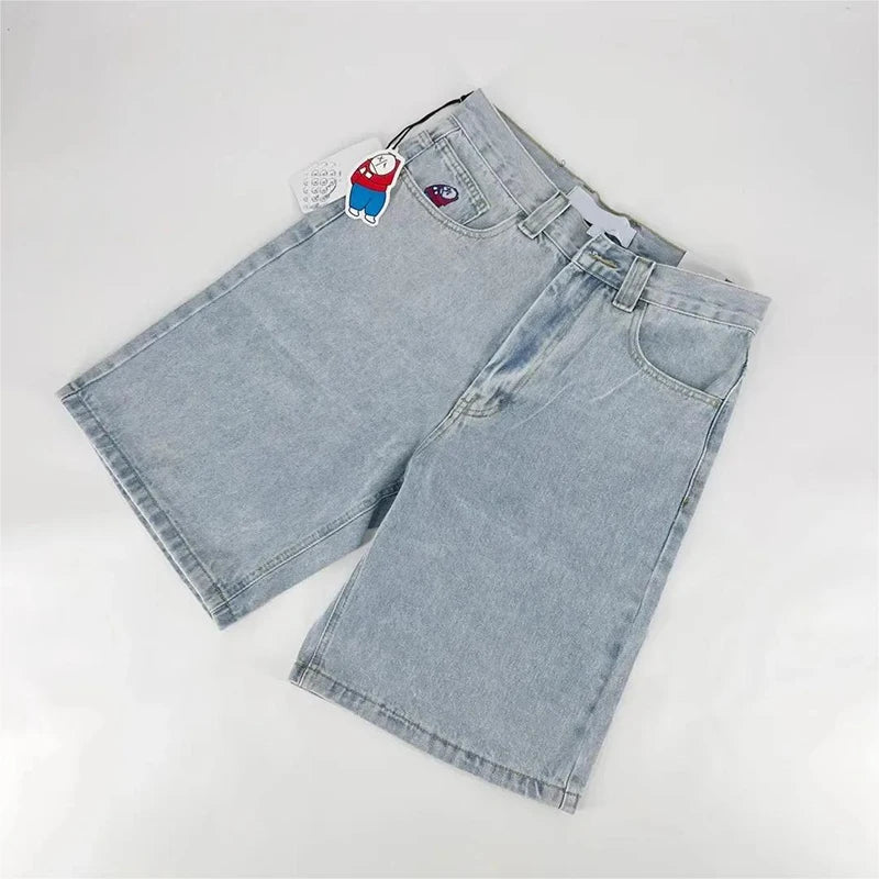 Shorts jeans retrô Y2K femininos com bordados de desenho animado na altura do joelho, jeans largos, calças curtas masculinas, SJ ou torrada