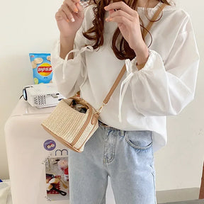 Yogodlns Summer Small Straw Handbag Trendy Shoulder Bag Woven Bucket Crossbody Bag Casual Seaside Beach Bag Gilrs Handle Tote