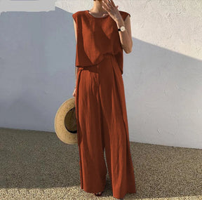 Conjunto de duas peças de algodão e linho, cor sólida, primavera/verão 2024, moda feminina, tops sem mangas, calças largas e soltas, para mulheres
