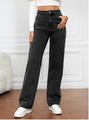 Calça Jeans de Cintura Alta Feminina Jeans 2023 Outono e Inverno Nova Calça Casual Sólida Versátil Bolso de Botão Calça Reta Feminina