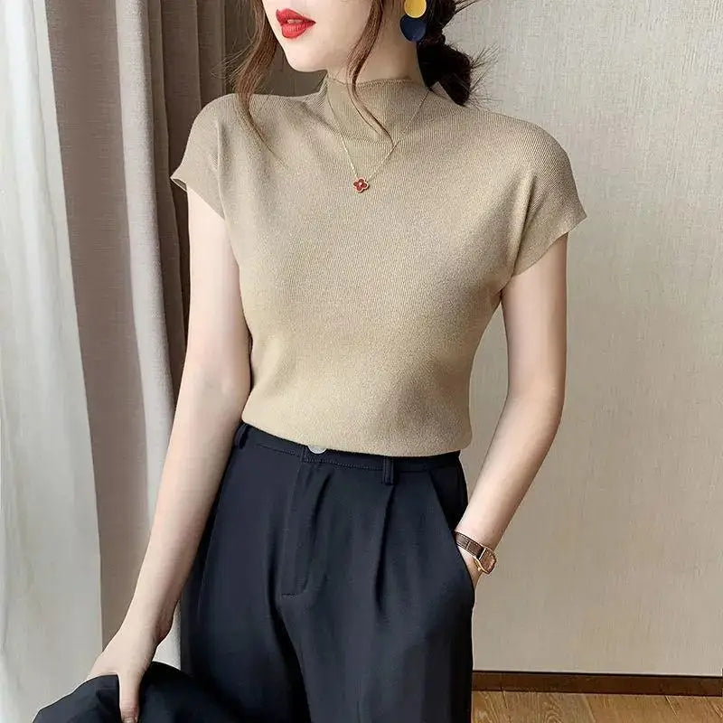 Novas camisas casuais de malha lisas de verão para mulheres, tops de manga curta, blusas soltas de corte pequeno, blusas femininas elegantes e simples da moda