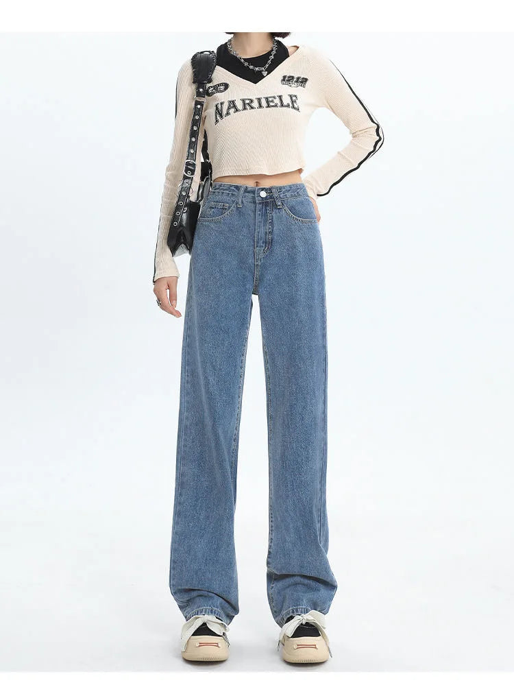 Calça jeans feminina de cintura alta e cintura alta, nova moda primavera e verão, casual, solta, fina, perna larga