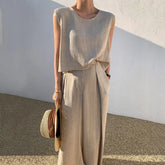 Conjunto de duas peças de algodão e linho, cor sólida, primavera/verão 2024, moda feminina, tops sem mangas, calças largas e soltas, para mulheres