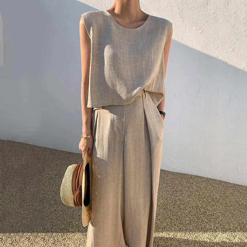 Conjunto de duas peças de algodão e linho, cor sólida, primavera/verão 2024, moda feminina, tops sem mangas, calças largas e soltas, para mulheres