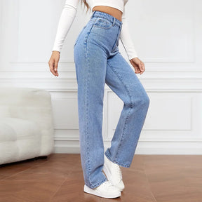 Calça Jeans de Cintura Alta Feminina Jeans 2023 Outono e Inverno Nova Calça Casual Sólida Versátil Bolso de Botão Calça Reta Feminina