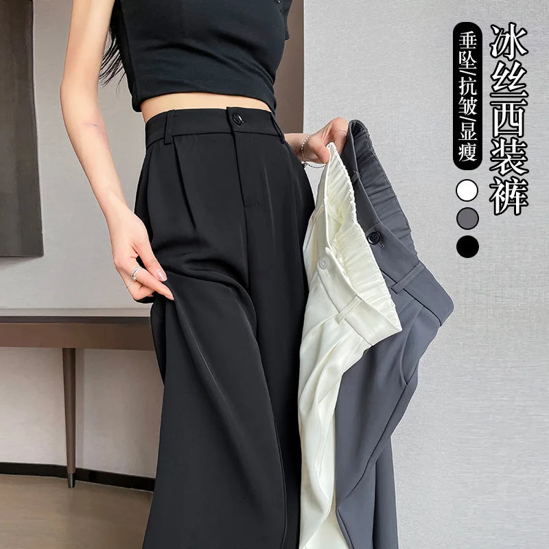 Calça feminina de seda gelo, perna larga, reta, longa, slim fit, cor sólida, fina, respirável, casual, versátil, verão 2024