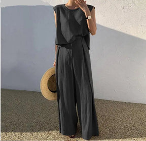 Conjunto de duas peças de algodão e linho, cor sólida, primavera/verão 2024, moda feminina, tops sem mangas, calças largas e soltas, para mulheres