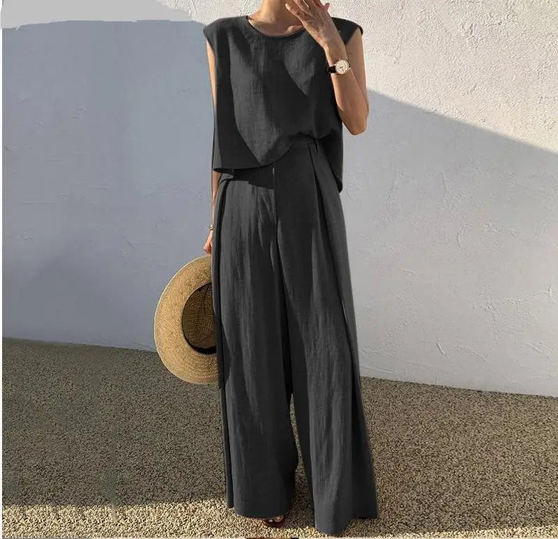Conjunto de duas peças de algodão e linho, cor sólida, primavera/verão 2024, moda feminina, tops sem mangas, calças largas e soltas, para mulheres