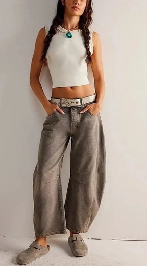 Calça jeans feminina larga, calça jeans solta, cor sólida, cintura alta, comprimento até o tornozelo