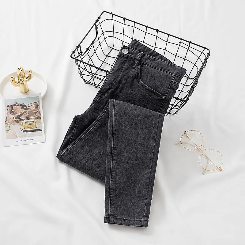 Calça jeans feminina cinza preta, justa, cropped, chique, versátil, para estudantes, calça comprida