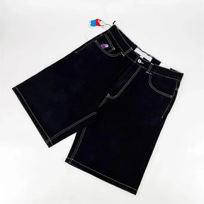 Shorts jeans retrô Y2K femininos com bordados de desenho animado na altura do joelho, jeans largos, calças curtas masculinas, SJ ou torrada