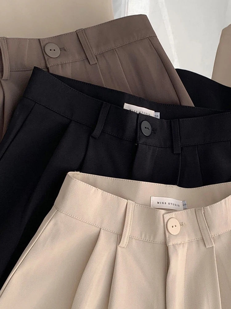 Calças femininas de cintura alta JM PRS, calças retas para escritório, moda coreana, casual, com botões, soltas, pretas, novas