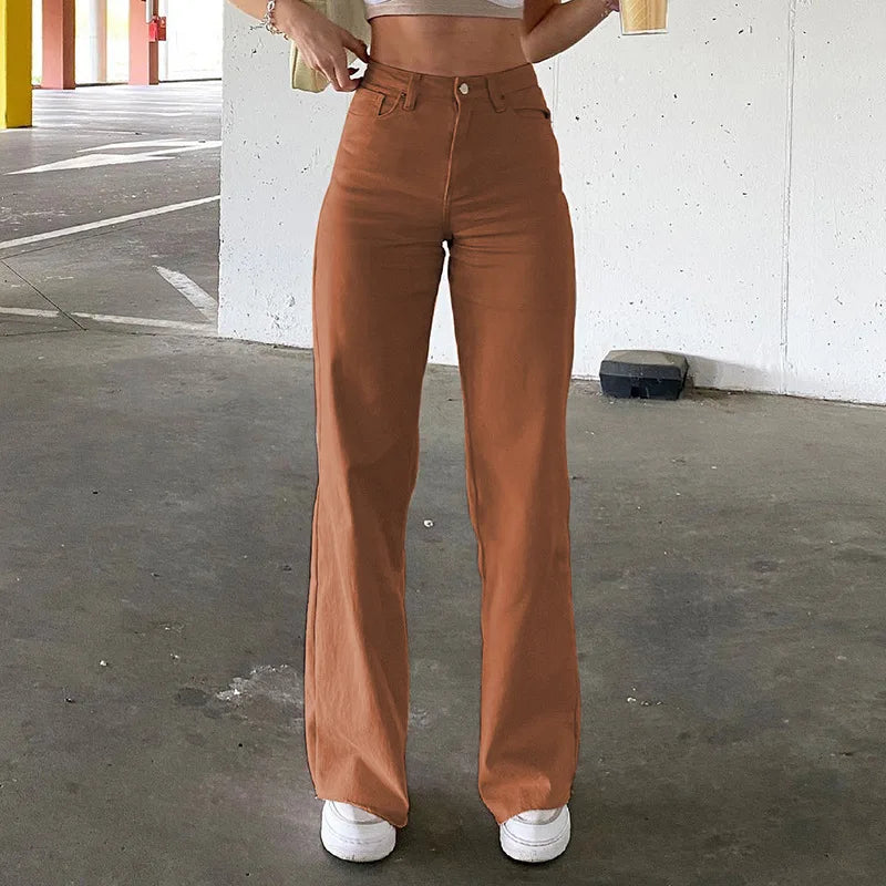 Calça jeans feminina reta, zíper sólido, cintura alta, comprimento até o tornozelo, bolsos soltos, leve tendência da primavera de 2024, moda urbana