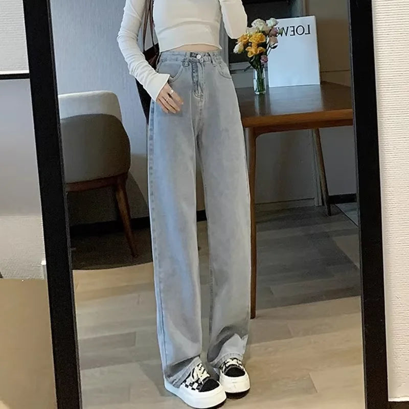Calça jeans feminina de cintura alta e cintura alta, nova moda primavera e verão, casual, solta, fina, perna larga
