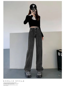 Calça jeans feminina de cintura alta e cintura alta, nova moda primavera e verão, casual, solta, fina, perna larga