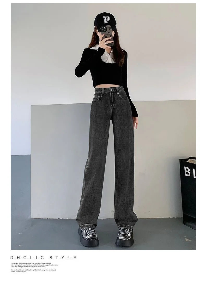 Calça jeans feminina de cintura alta e cintura alta, nova moda primavera e verão, casual, solta, fina, perna larga