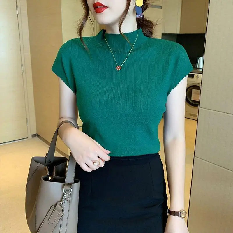 Novas camisas casuais de malha lisas de verão para mulheres, tops de manga curta, blusas soltas de corte pequeno, blusas femininas elegantes e simples da moda