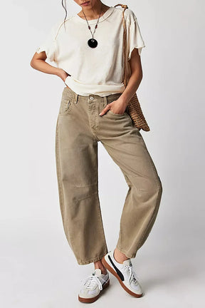 Calça jeans feminina larga, calça jeans solta, cor sólida, cintura alta, comprimento até o tornozelo