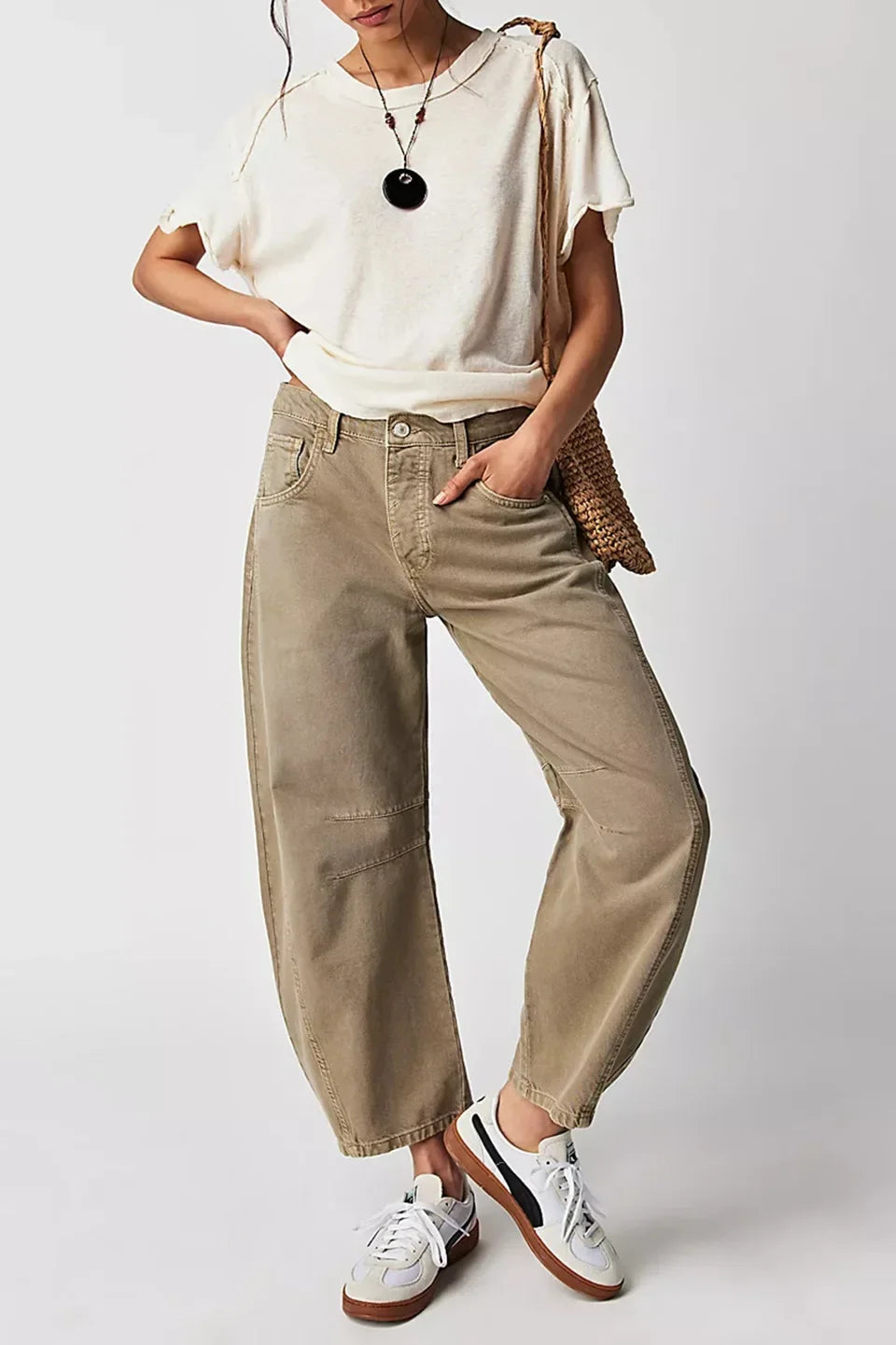 Calça jeans feminina larga, calça jeans solta, cor sólida, cintura alta, comprimento até o tornozelo