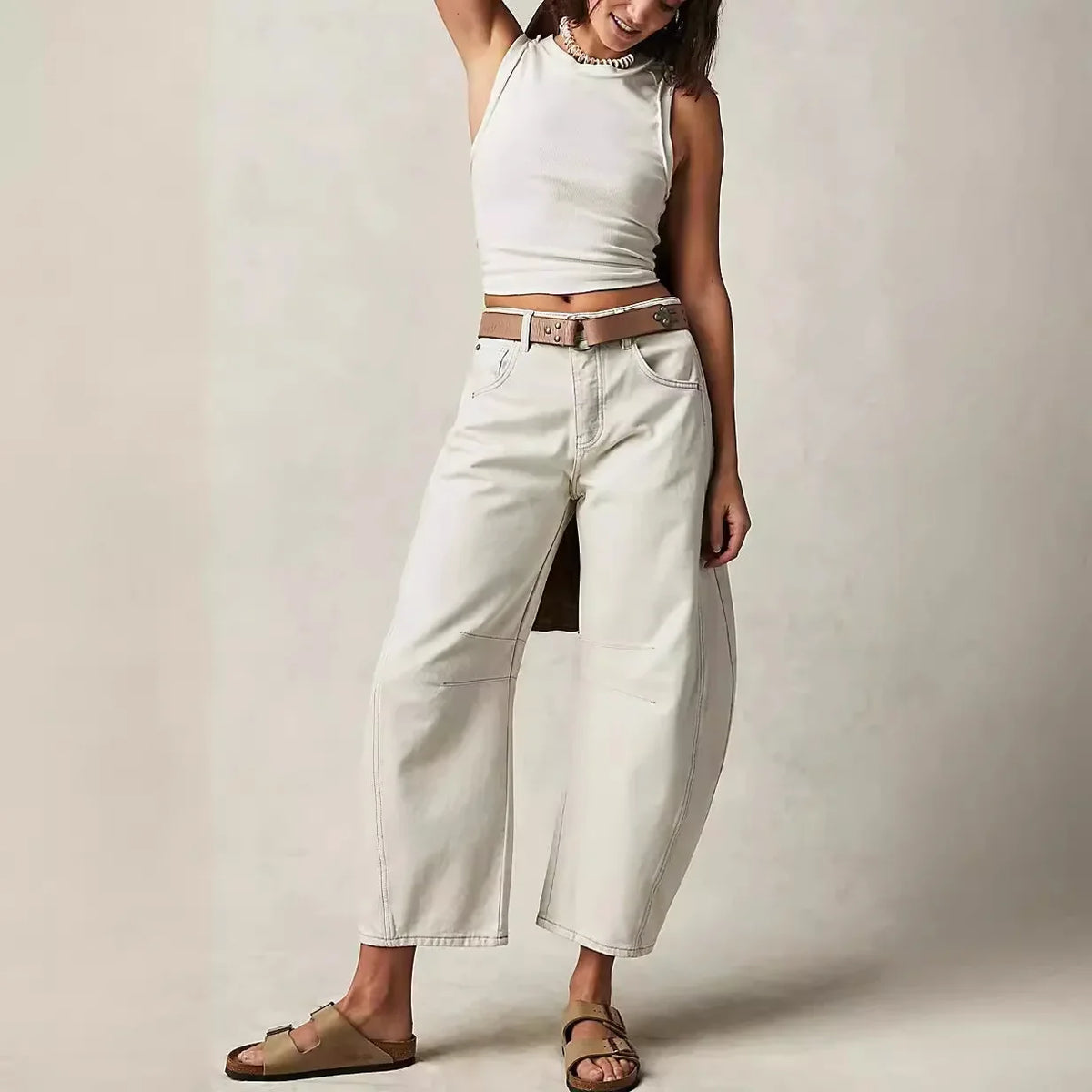 Calça jeans feminina larga, calça jeans solta, cor sólida, cintura alta, comprimento até o tornozelo