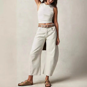 Calça jeans feminina larga, calça jeans solta, cor sólida, cintura alta, comprimento até o tornozelo